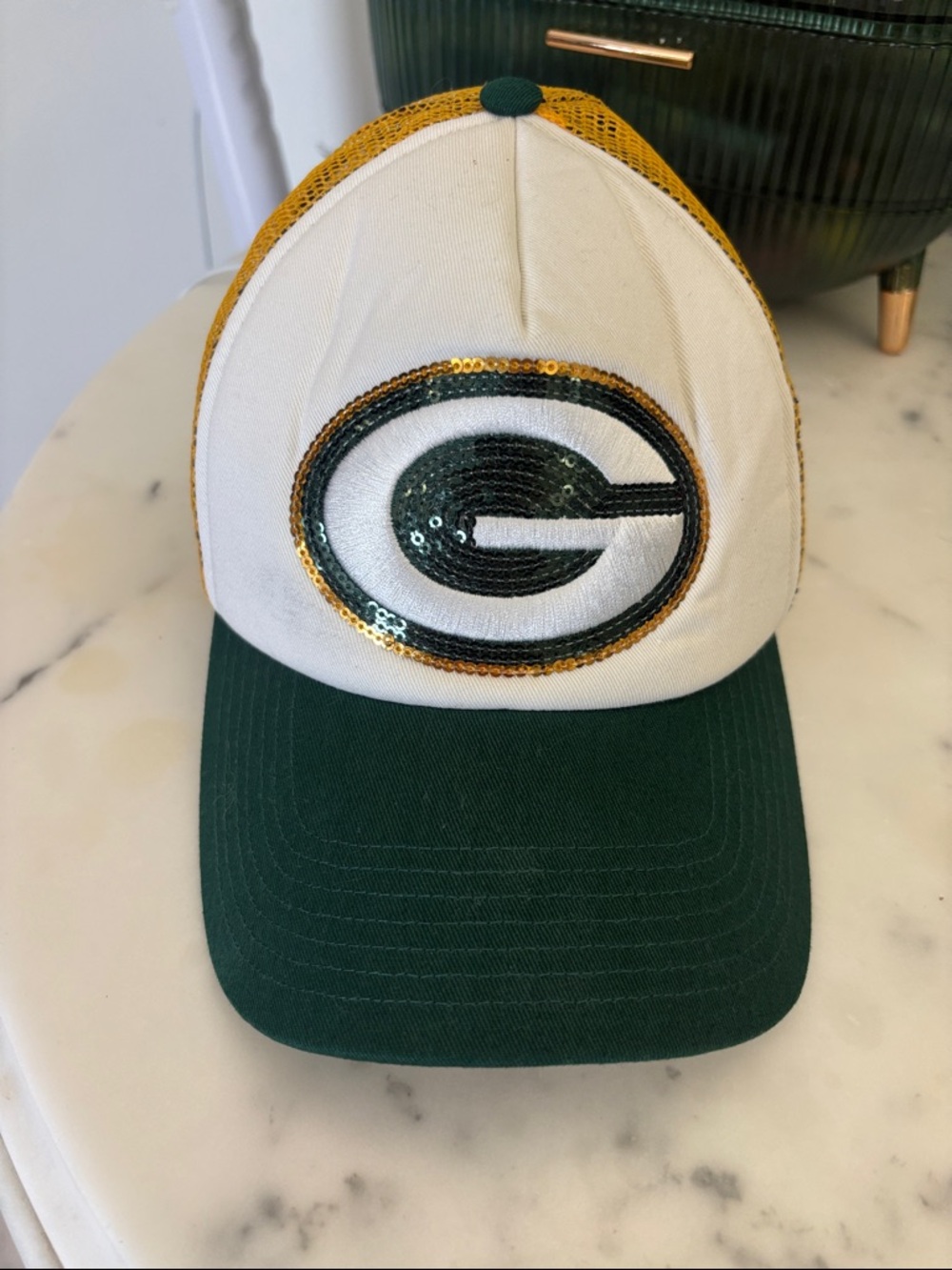 Green Bay Packers Sequin Green and White Football Trucker Hat